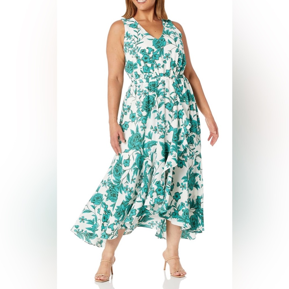 Danny & Nicole White Dress with Teal Floral Print - High Low Maxi